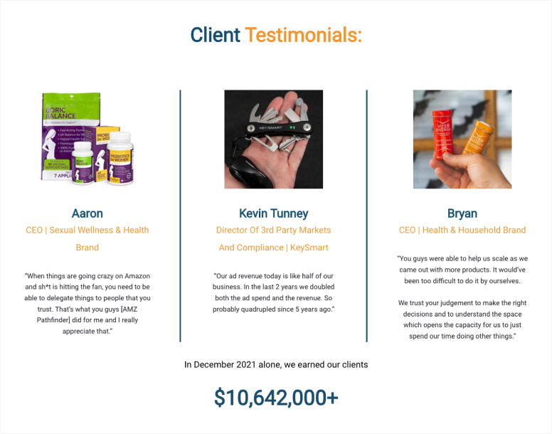 AMZ Pathfinder Customer Testimonials on Homepage