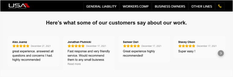 Business Insurance USA Testimonials on Homepage