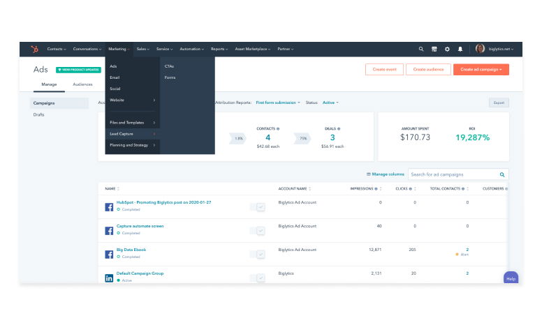 HubSpot - Marketing automation dashboard
