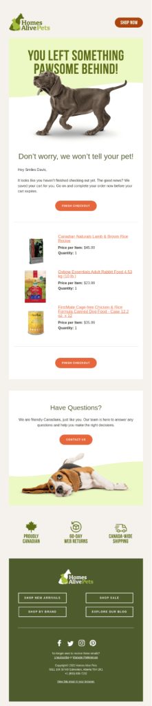 Homes Alive Pets - Cart abandonment reminder