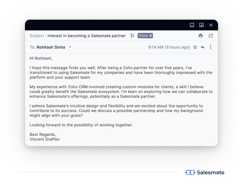 Salesmate thank you email example