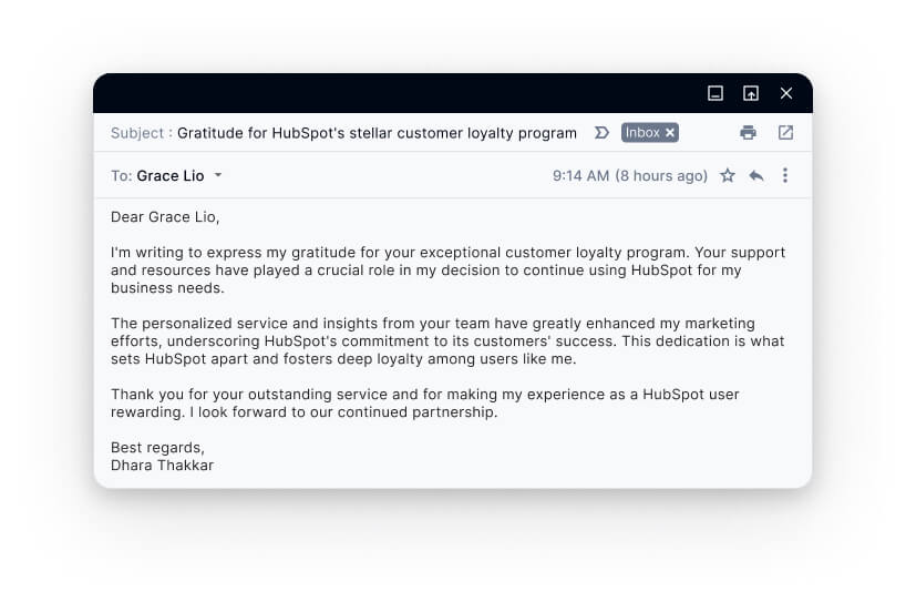 HubSpot thank you email example