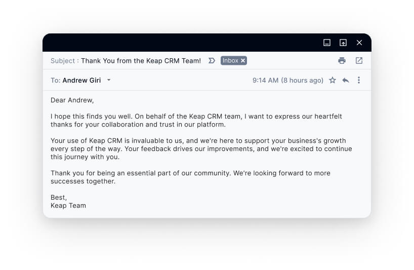 Keap thank you email example