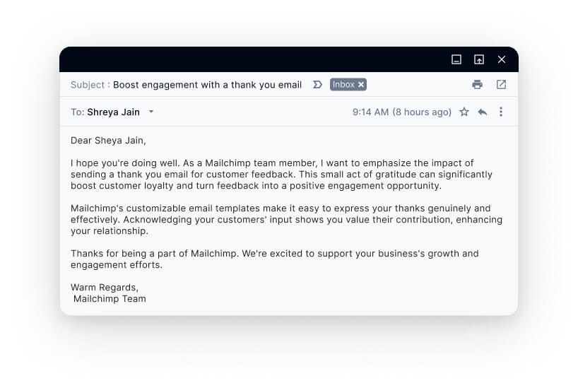 Mailchimp thank you email example