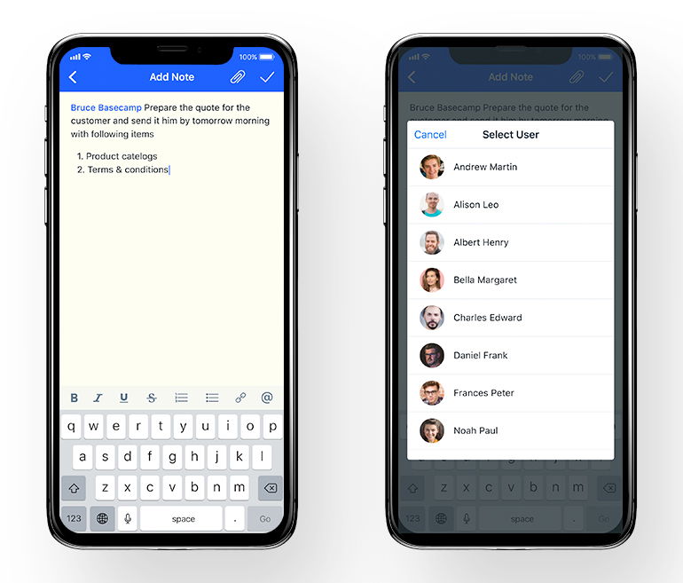 Mention users inside notes within your mobile apps