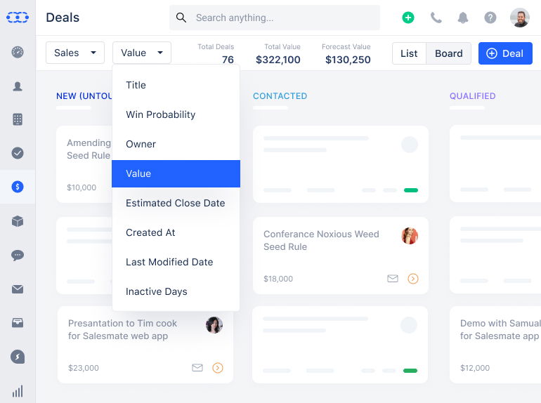 Sort by deal value in board view