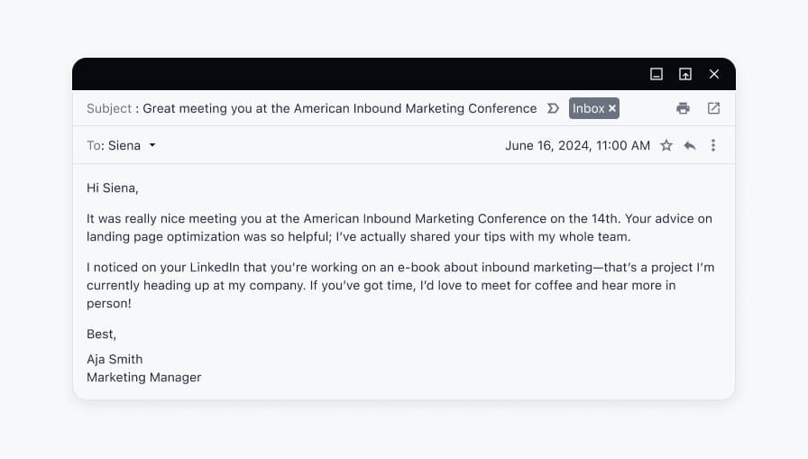 Networking follow up email example